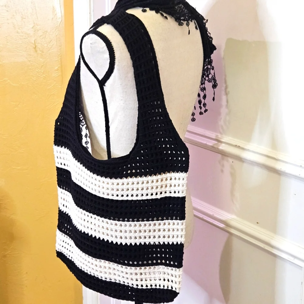 Hobo Black/Cream Stripe Crochet Knit Bohemian Tote Handbag,Large,NWOT